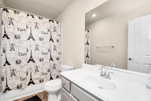 full bathroom featuring vanity, shower / tub combo, and toilet