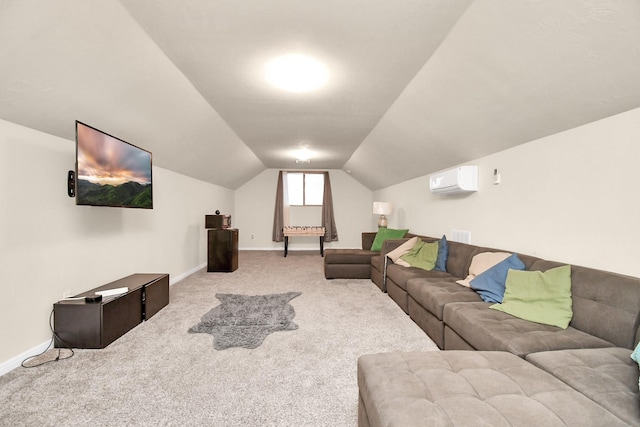 living room with carpet flooring, a wall unit AC, and vaulted ceiling