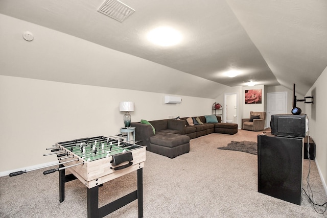 playroom with carpet and vaulted ceiling