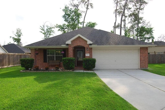 ranch-style house featuring brick siding, concrete driveway, fence, a garage, and a front lawn