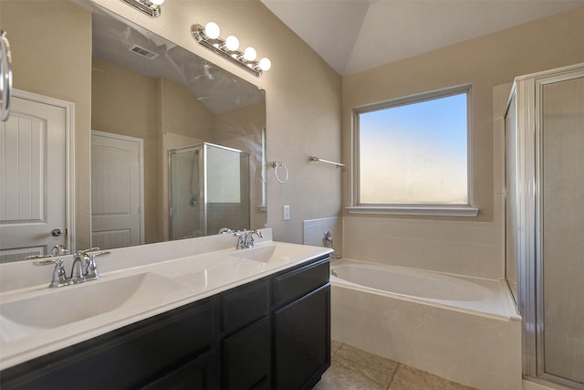 bathroom featuring separate shower and tub, vanity, and vaulted ceiling