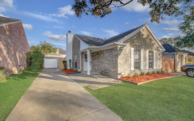 view of side of home featuring a yard, a garage, and an outdoor structure