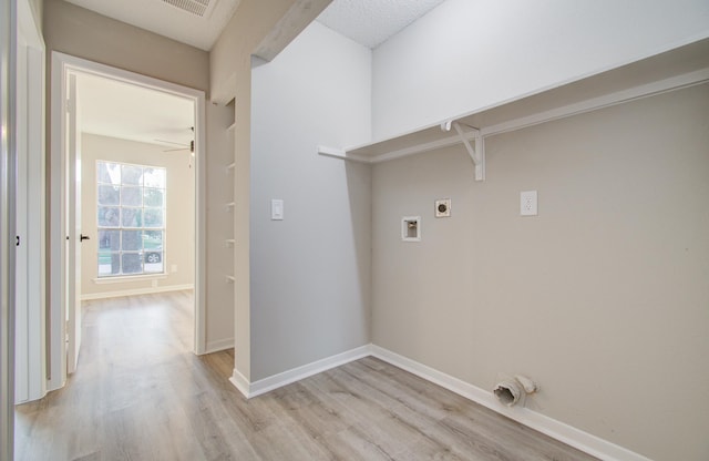 laundry area with electric dryer hookup, light hardwood / wood-style floors, and washer hookup