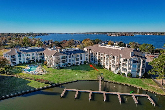 drone / aerial view featuring a water view