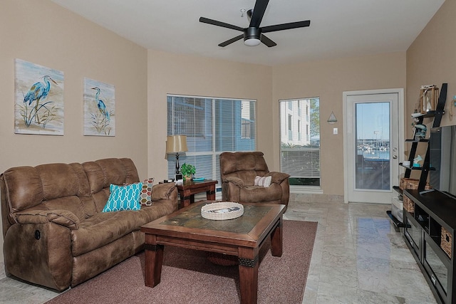 living room with ceiling fan