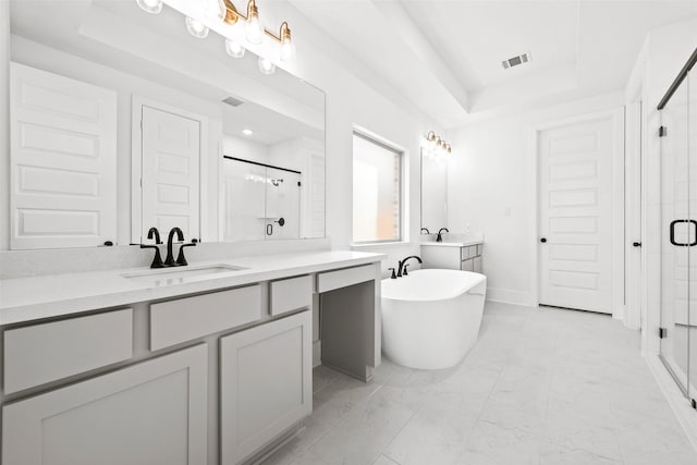 bathroom featuring vanity, a raised ceiling, and shower with separate bathtub