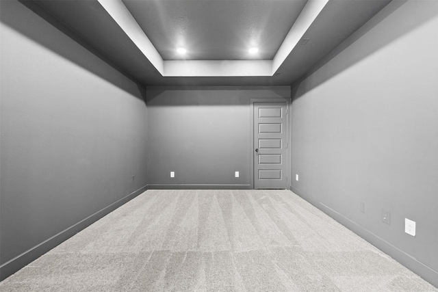 spare room with carpet flooring and a raised ceiling