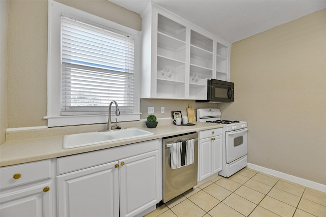 kitchen with stainless steel dishwasher, white cabinetry, sink, and white range with gas cooktop