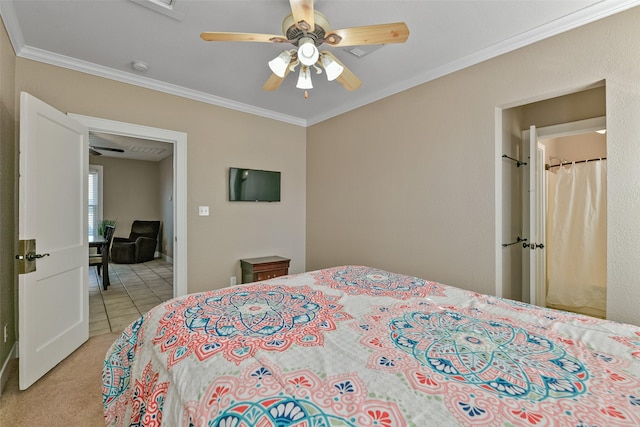 bedroom featuring light carpet, ceiling fan, and ornamental molding