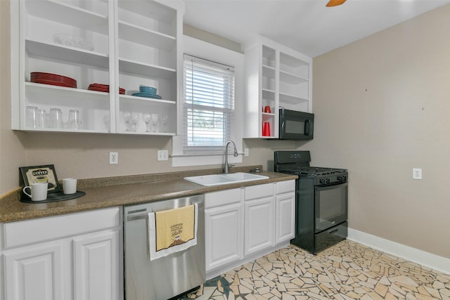 kitchen with black appliances, white cabinets, sink, ceiling fan, and light tile patterned floors