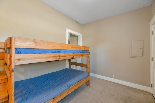 bedroom with electric panel and light colored carpet