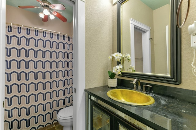 bathroom featuring a shower with curtain, vanity, and toilet