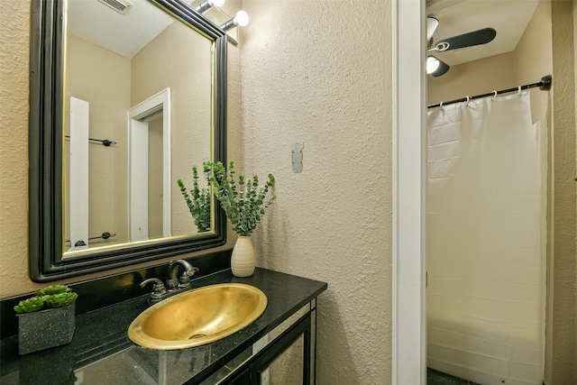 bathroom with a shower with curtain and vanity