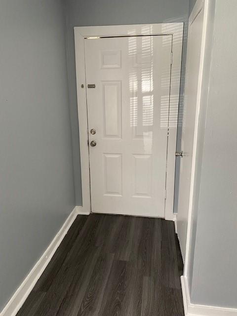 doorway with dark wood-type flooring