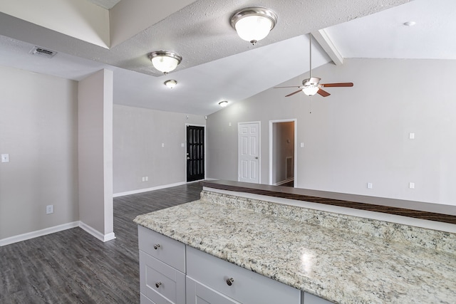 kitchen featuring vaulted ceiling with beams, dark hardwood / wood-style floors, ceiling fan, a textured ceiling, and light stone counters