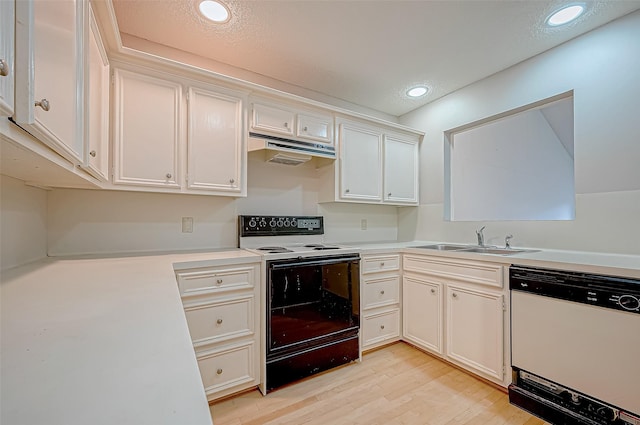 kitchen featuring white cabinets, black range with electric cooktop, sink, light hardwood / wood-style flooring, and dishwasher