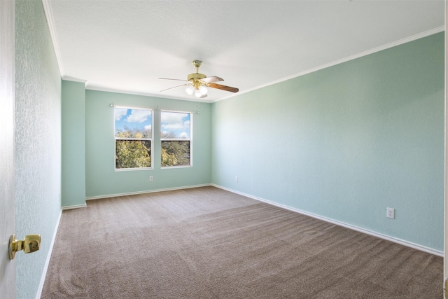 carpeted spare room with ceiling fan and crown molding