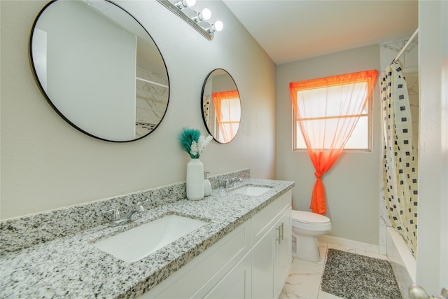 full bathroom featuring vanity, toilet, and shower / bath combo with shower curtain