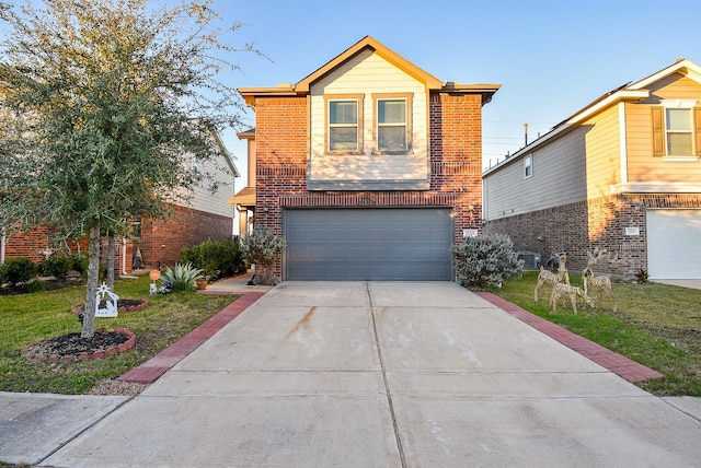 front facade with a front yard and a garage