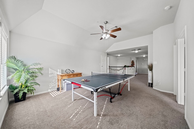 game room featuring lofted ceiling, carpet floors, visible vents, and baseboards