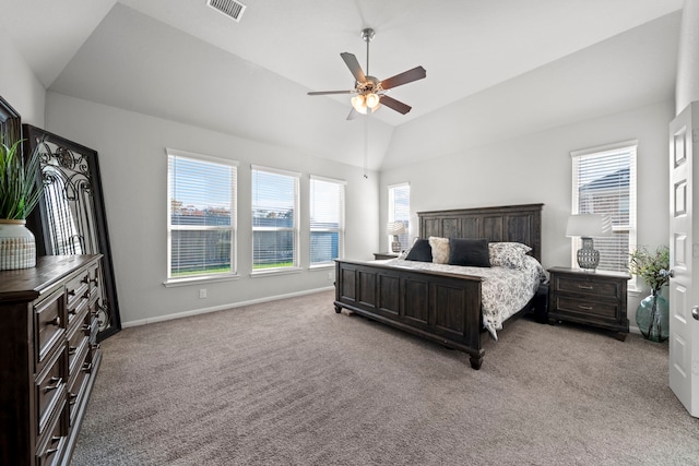 bedroom with visible vents, a ceiling fan, light carpet, vaulted ceiling, and baseboards