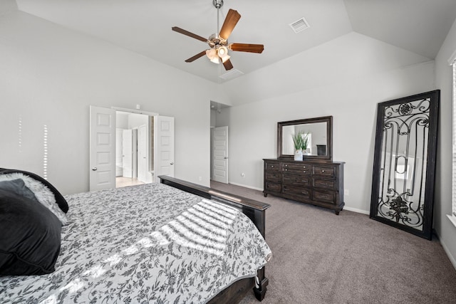 carpeted bedroom with ceiling fan, high vaulted ceiling, visible vents, and baseboards