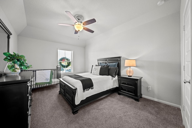 bedroom featuring ceiling fan, baseboards, and carpet flooring