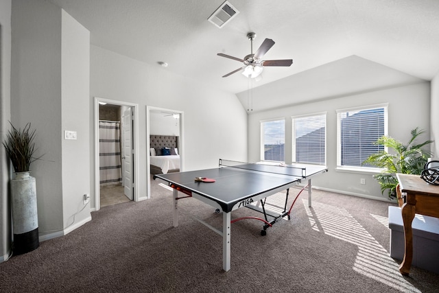 playroom with baseboards, visible vents, ceiling fan, vaulted ceiling, and carpet floors