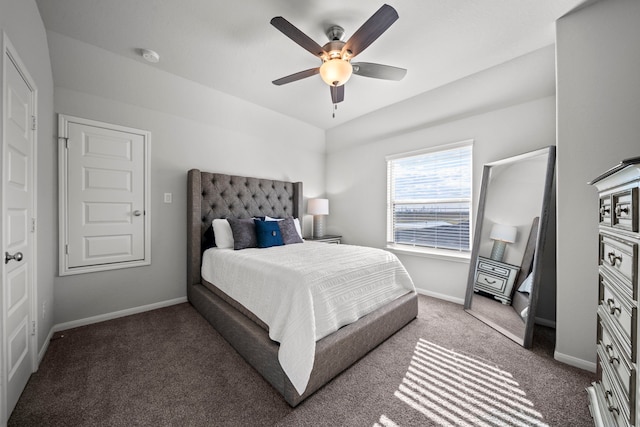 carpeted bedroom featuring a ceiling fan and baseboards