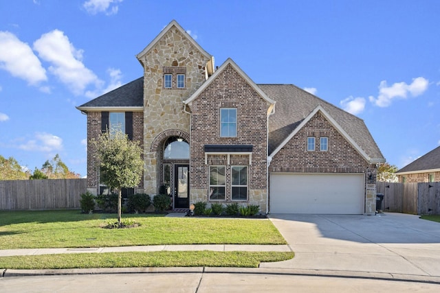 view of front of home featuring a front yard, fence, concrete driveway, and brick siding