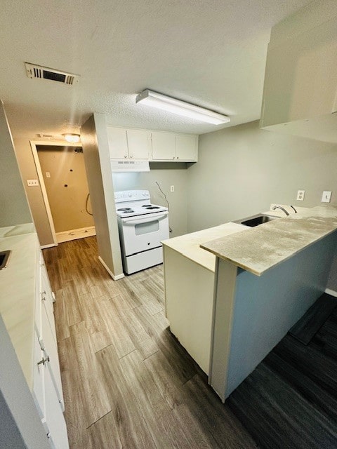 kitchen featuring kitchen peninsula, light hardwood / wood-style flooring, white cabinetry, and electric stove