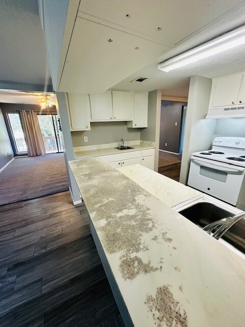 kitchen featuring white cabinetry, white range with electric stovetop, dark wood-type flooring, and sink