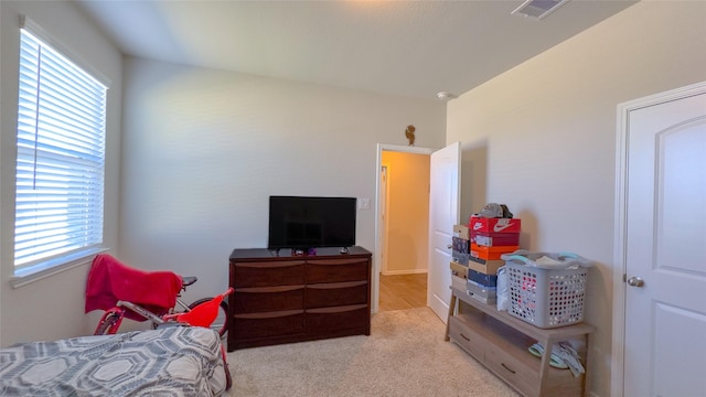 bedroom featuring light colored carpet and multiple windows