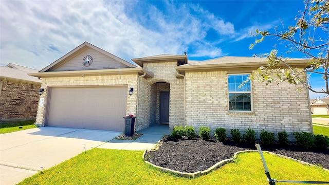 ranch-style house with a garage and a front lawn