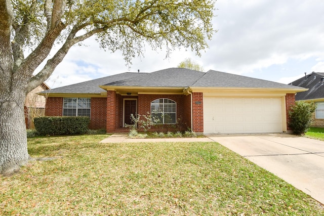 ranch-style house with a garage and a front lawn