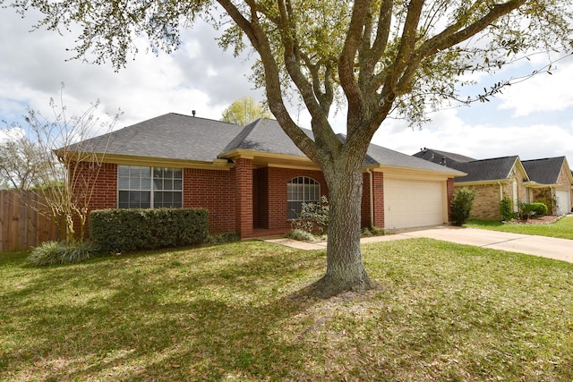 ranch-style home with a garage and a front lawn