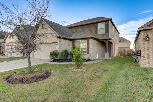 view of front of property with central AC, a front yard, and a garage