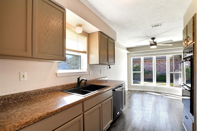 kitchen featuring dark hardwood / wood-style flooring, stainless steel dishwasher, a textured ceiling, ceiling fan, and sink