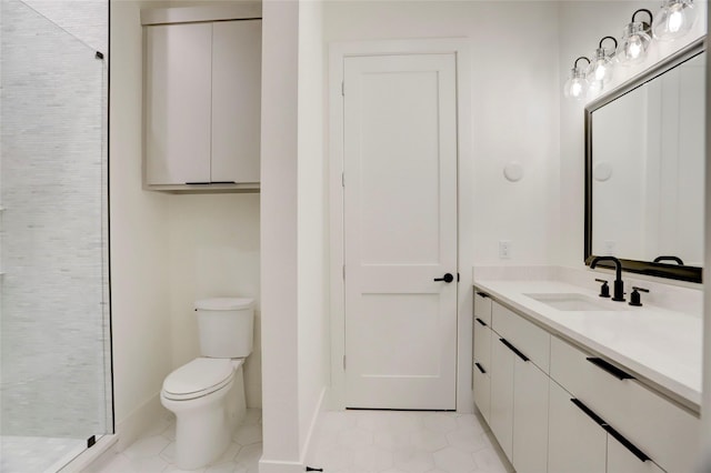 bathroom with a shower, vanity, toilet, and tile patterned flooring