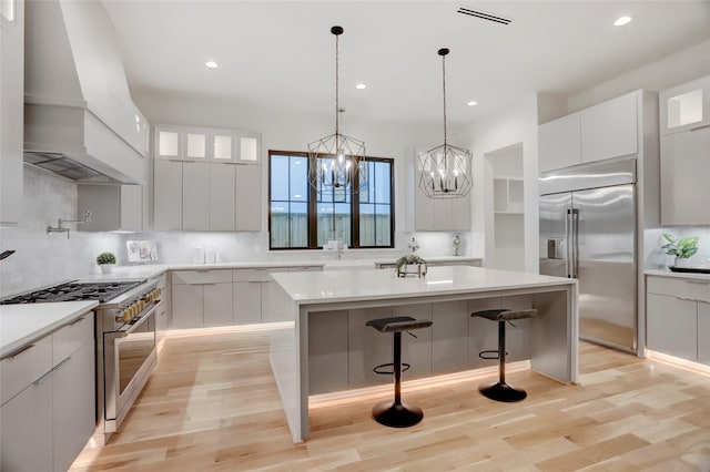 kitchen with high quality appliances, white cabinets, light hardwood / wood-style floors, and custom exhaust hood