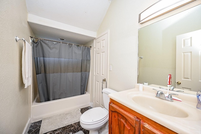 full bathroom featuring vanity, toilet, shower / bath combo with shower curtain, and vaulted ceiling