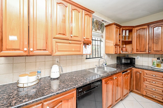 kitchen with backsplash, dark stone counters, sink, black appliances, and light tile patterned floors