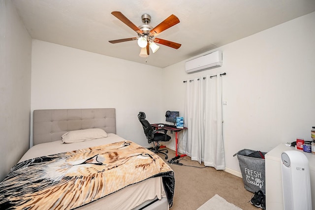 carpeted bedroom with a wall mounted AC and ceiling fan