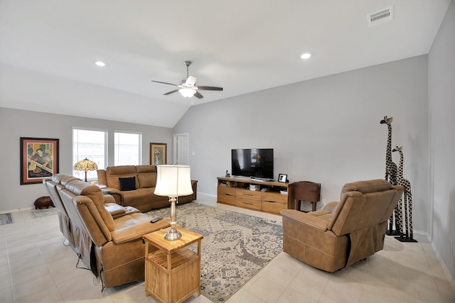 tiled living room featuring vaulted ceiling and ceiling fan