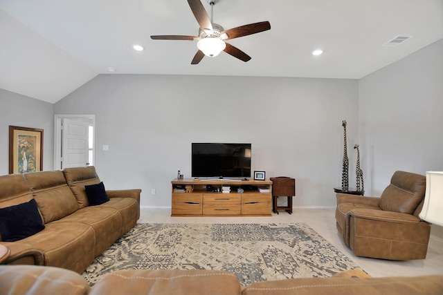 carpeted living room with vaulted ceiling and ceiling fan