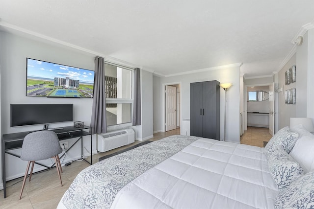 bedroom with light tile patterned floors, an AC wall unit, multiple windows, and ornamental molding