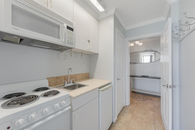 kitchen with sink, white cabinets, white appliances, and ornamental molding