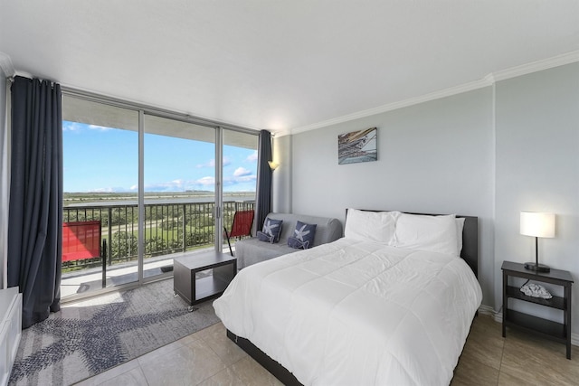 bedroom featuring access to exterior, multiple windows, and crown molding