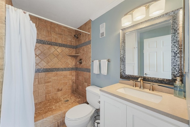 bathroom with a shower with shower curtain, vanity, and toilet