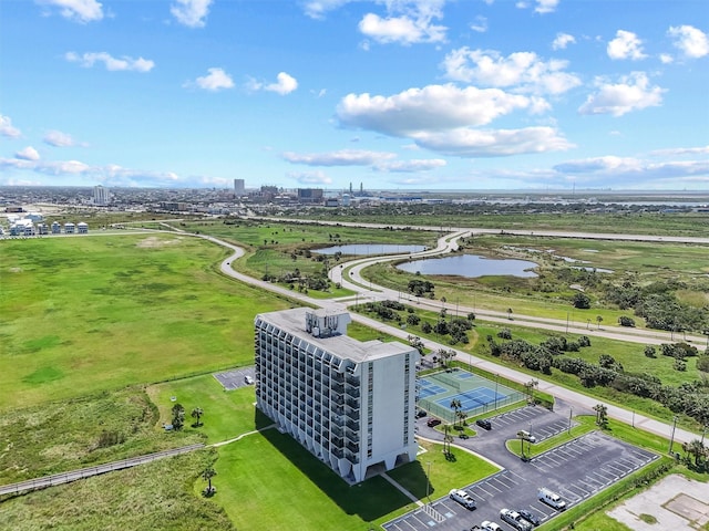 bird's eye view with a water view